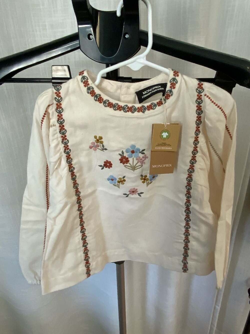 Monoprix Blouse Girls Size 4 White Floral Embroidered